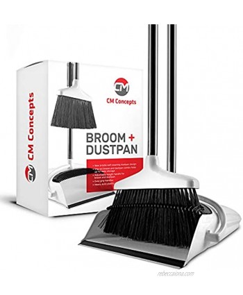 Broom and Dustpan Set with Self Cleaning Bristles Upright Stand Up Long Handle Floor Brush + Foldable Angle Dust Pan Combo for Indoor  Outdoor Sweeping White