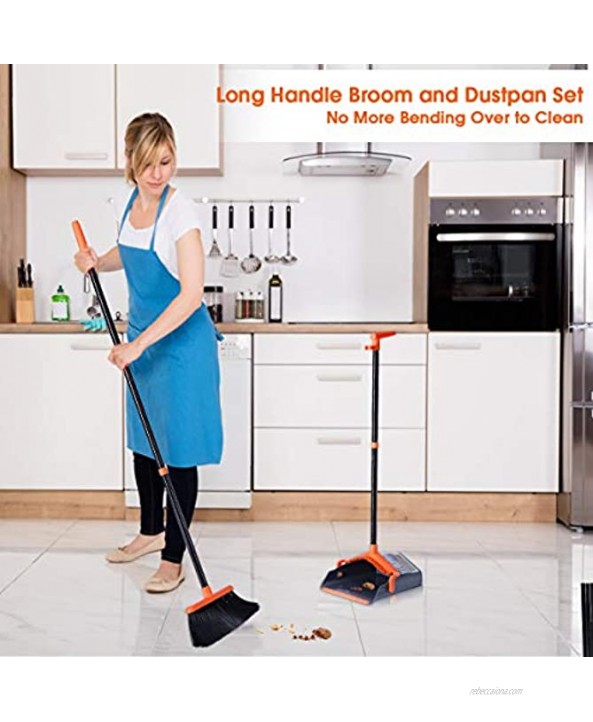 LEAVINSKY Broom and Dustpan Set Broom Dustpan with 40 52 Long Handle Comb Teeth and Rubber Lip Design Upright Broom and Dustpan Set for Home Room Office Lobby Floor Use,Orange