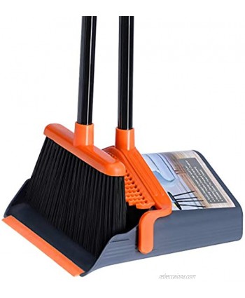 LEAVINSKY Broom and Dustpan Set Broom Dustpan with 40" 52" Long Handle Comb Teeth and Rubber Lip Design Upright Broom and Dustpan Set for Home Room Office Lobby Floor Use,Orange