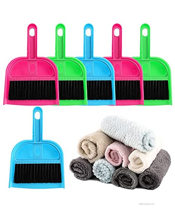TOPZEA 6 Pack Mini Dust Pan and Brush Set with 8 Pcs Cleaning Cloths Mini Hand Broom Dustpan Set for Table Desk Countertop Keyboard Cat Dog and Other Pets