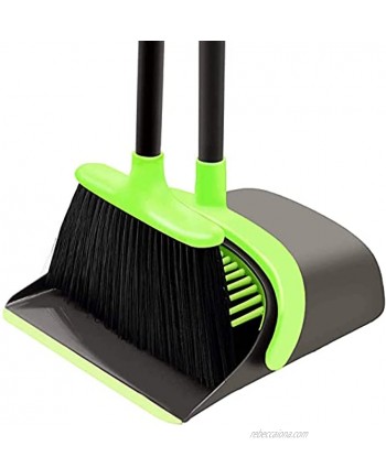 Broom and Dustpan Set Cleaning Supplies Upright Broom and Dustpan Combo with Long Extendable Handle for Home Kitchen Room Office Lobby Floor Use Upright Stand up Dustpan Broom Set Green
