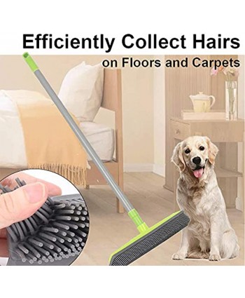 Pet Hair Removal Rubber Broom with Squeegee,Soft Push Broom,Pole:59'' ,Carpet Sweeper Adjustable Long Handle Removal Pet Human Hair,Green