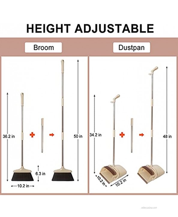 Broom and Dustpan Set Hiastra Indoor Outdoor Broom and Dust Pan with Long Handle 50 in Heavy Duty Standing Dustpan and Broom Combo Set for Home Kitchen Lobby Office Floor Cleaning Beige