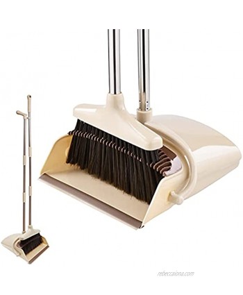Broom and Dustpan Set Hiastra Indoor Outdoor Broom and Dust Pan with Long Handle 50 in Heavy Duty Standing Dustpan and Broom Combo Set for Home Kitchen Lobby Office Floor Cleaning Beige