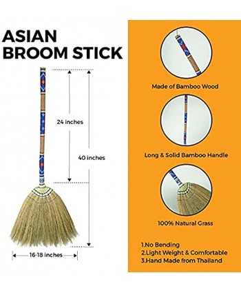 Natural Grass Thai Broom Vintage Retro Embroidered Woven Nylon Handmade Broom Housewarming Gift Witch Broom Broomstick Bamboo Stick Handle Kong Grass Broom Durable Broom for Indoor & Outdoor