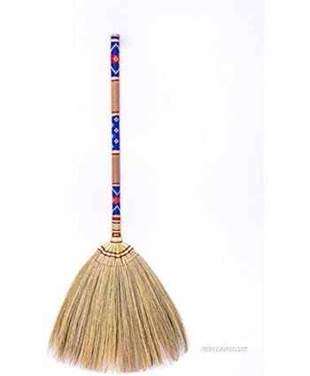Natural Grass Thai Broom Vintage Retro Embroidered Woven Nylon Handmade Broom Housewarming Gift Witch Broom Broomstick Bamboo Stick Handle Kong Grass Broom Durable Broom for Indoor & Outdoor