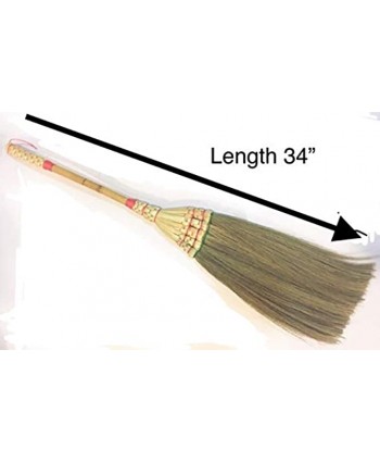 SKENNOVA 34" of Small Natural Grass Broom for RV's Cabin & Tents Design Vintage Style of Bamboo Stick Embroidered Woven Thread Nylon Hand Grip Dry Banana Leaf