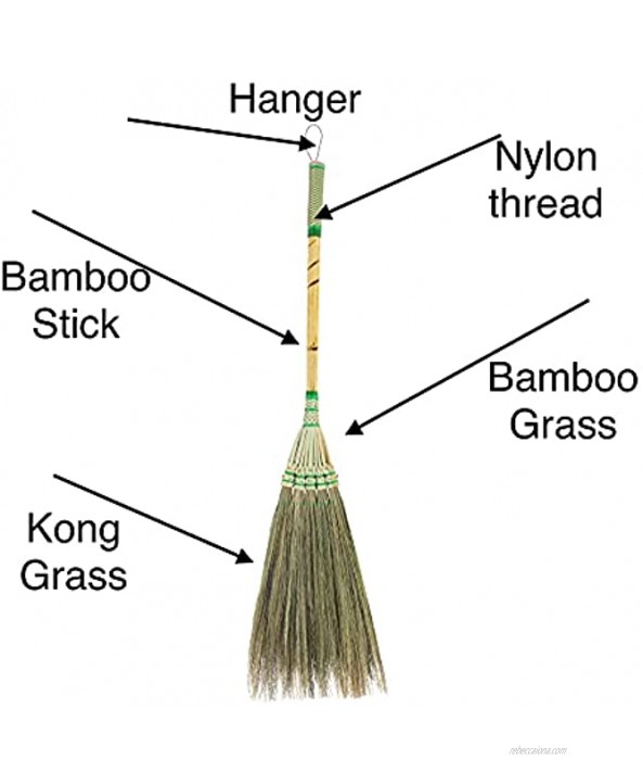 SN SKENNOVA 32 inch Length of Tiny Whisk Broom Asian Flower Grass Broom Thai Natural Straw Broom Bamboo Stick Handle for Sweeping Dirt dust Garbage Green
