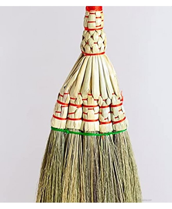 SN SKENNOVA 32 inch Length of Tiny Whisk Broom Asian Flower Grass Broom Thai Natural Straw Broom Bamboo Stick Handle for Sweeping Dirt dust Garbage Green
