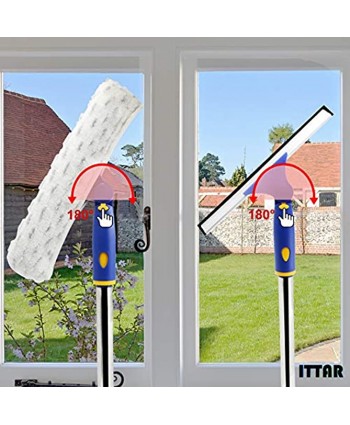 ITTAR Window Cleaner Squeegee,Rotatable Squeegee and Microfiber Scrubber with Extendable 3 Section Stainless Steel Pole,Window Cleaning Tool with 2 Microfiber Pads for Shower Glass Door,Car Windshield