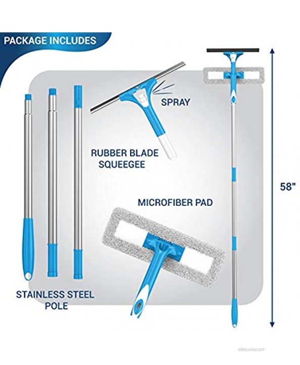 SCRUBIT Extendable Squeegee Window Cleaner- Window Cleaning Tool with Microfiber Scrubber & Spray Head 58 Long Extension Pole for High Windows and Outdoor Glass Washing Shower Cleaning Kit