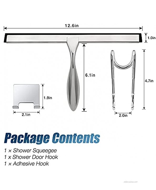 Simtive 12-Inch Shower Squeegee Set Includes Chrome-Plated Shower Door Hook and Adhesive Hook for Shower Doors Mirror and Window