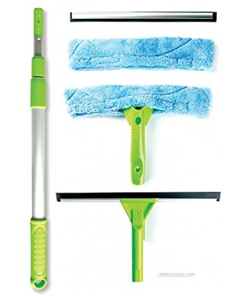 Telescopic Window Cleaning Kit with Super Squeegee and 3 Section Aluminum Extension Pole Lightweight All-in-One 5 Piece Set Microfiber Glass Washer Brush -2 Soft Rubber Strip -2 Best for Windows