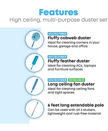 4PCS Best Microfiber Duster with Extension Pole 14 Foot Reach | 1 Fluffy Cobweb Duster 1 Long Feather Duster 1 High Ceiling Duster 1 Telescopic Extension Pole | Telescoping Extendable Duster Kit