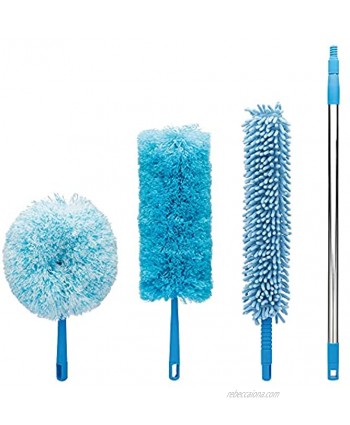 4PCS Best Microfiber Duster with Extension Pole 14 Foot Reach | 1 Fluffy Cobweb Duster 1 Long Feather Duster 1 High Ceiling Duster 1 Telescopic Extension Pole | Telescoping Extendable Duster Kit