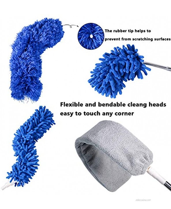 Microfiber Duster Feather Duster Set for Cleaning with Extension Pole30-100 inch with 3 Cleaning Head and 1 Mini-Duster Bendable and Reusable Dust Duster for Fans Cobweb Cars Under Beds