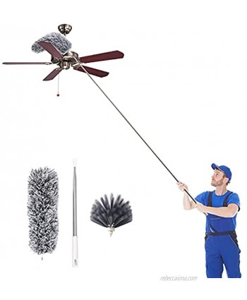 Uwilowe Microfiber Duster with Extension Pole 30 to 100"Stainless Steel Ceiling Fan Duster with 2 Replacement Cleaning Heads Extendable Long Dusters for Cleaning Furniture Vents Car