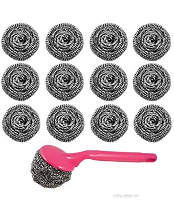 12pcs Stainless Steel Scourer Scrub Pad with Plastic Handle Cleaning Brush Metal Scouring Pad Removes Grease Oil and Dirt Stains from Pots Dishes and Bakeware for Household Kitchen Restaurants