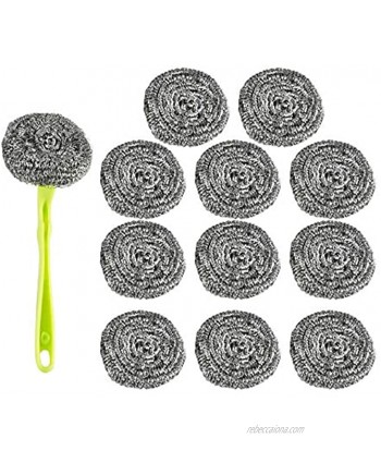 HOME-X Steel Scourer Set with Handle Green Kitchen Cleaning Brush Pack of 12 Scouring Pads 10” L