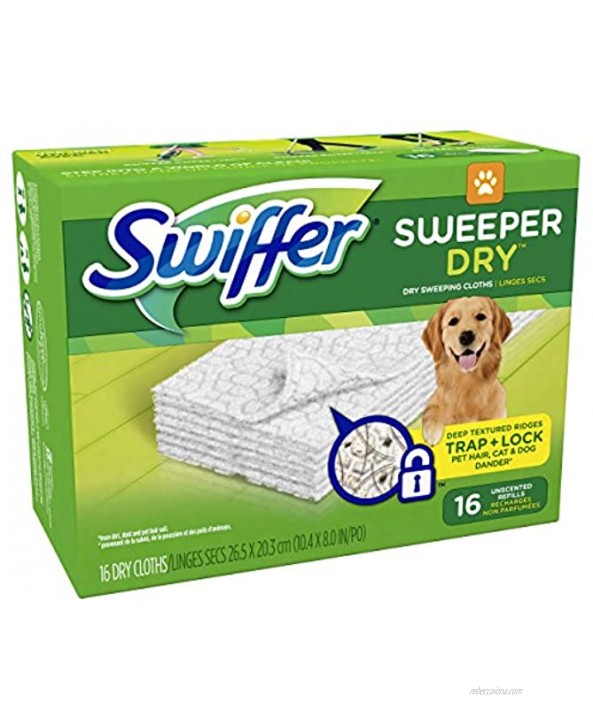 Swiffer Sweeper Dry Sweeping Cloths Traps Pet Hair 16 Unscented Refills