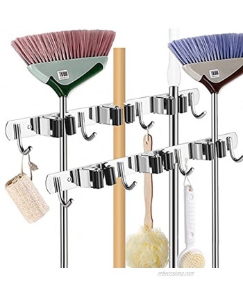 2 Pack Broom Organizer Wall Mount,Heavy Duty Mop And Broom Holder,Stainless Steel Broom Holder,3 Racks 4 Hooks Broom Hanger Mop Holder Wall Mounted,Broom Storage for Kitchen Bathroom Laundry Garage