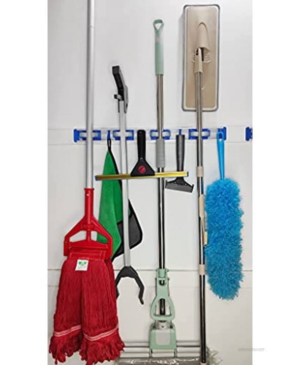 KLHB-YF mop and Broom Holder 23.6 inch Wall Nail Installation with 4 Unit Clips 4 Hooks Freely Adjustable Distance can accommodate 8 Tools2 Pack