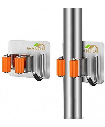 WanTu Stainless Steel Mop Broom Holder Wall Mount Self-Adhesive Wall-Mounted Storage Rack Used for Storage of Tools with Handles in The Kitchen Bathroom Closet and Garden2 Pack