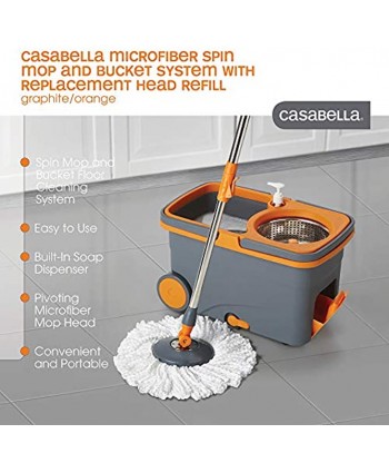 Casabella Microfiber Spin Mop and Bucket System with Replacement Head Refill Graphite Orange