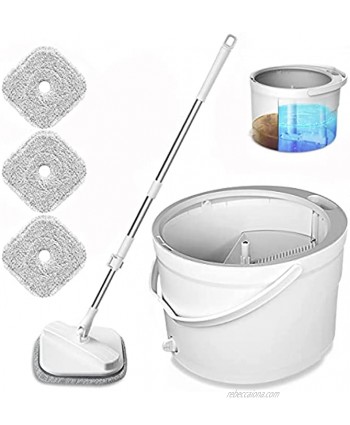 DINOKA Spin Mop and Bucket with Separate Clean Dirty Double Water Storage Areas Hands Free Microfiber Spin Mop Dry Wet Self Wringing Adjustable Stainless Steel Handle 4 Microfiber Pads