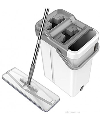 Floor Mop with Bucket Set,2 Reusable Pads  Home Hardwood Floor Cleaning Mops ,Flat Squeeze Mop Bucket System Cleaning Supplies ，Extended Stainless Steel Handle Mop for Home,White