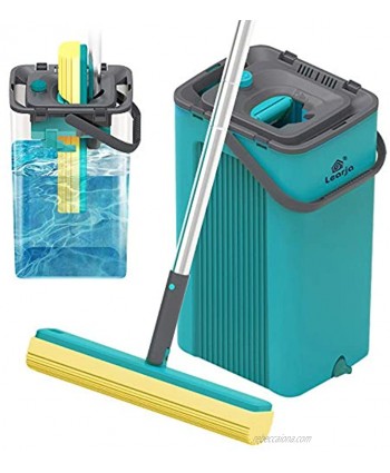 LEARJA Sponge Mop Home Commercial Use Tile Floor Bathroom Garage Cleaning with Sponge Heads Squeegee and Extendable Telescopic Long Handle Easily Dry WringingGreen Bucket & Yellow Head