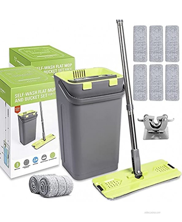 Microfiber Flat Mop Bucket Set Adjustable Stainless Steel Handle Floor Cleaning System，2-in-1 Squeeze and Self-Wringing Mop for Home Floor CleaningWith 6 Microfiber Replacement Head,1 Pcs Mop Holder