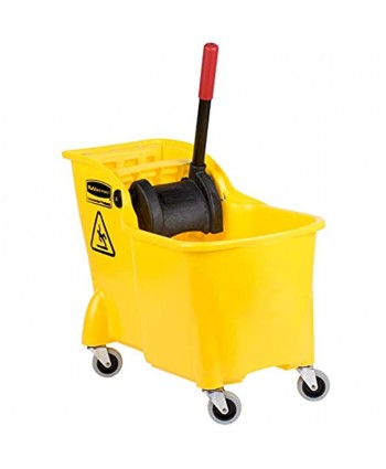 Rubbermaid Commercial Products Mop Bucket with Wringer on Wheels Heavy Duty All-in-One Tandem Mopping Bucket Yellow 31 Quart FG738000YEL