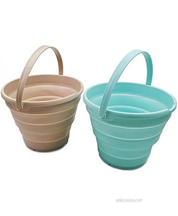 SAMMART 10L 2.6 Gallon Collapsible Plastic Bucket Foldable Round Tub Portable Fishing Water Pail Space Saving Outdoor Waterpot Size 33cm Dia 2 Pieces Box Pack Lake Green + Apricot