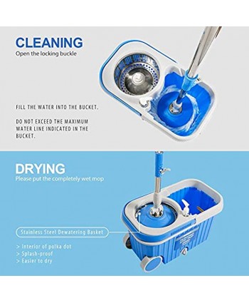 Spin Mop and Bucket System 8L Stainless Steel Mop Bucket with Wringer Wheels 5 Microfiber Mop Heads Detergent Dispenser