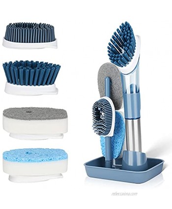 Sivikoze Soap Dispensing Dish Brush Set Dish Scrubber with 1 Holder and 4 Replaceable Brush Heads Kitchen Scrub Brush for Pan Sink Cleaning Dish Cleaning Washing Brush with Stainless Steel Handle
