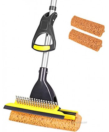 Yocada Sponge Mop Home Commercial Use Tile Floor Bathroom Garage Cleaning with Total 2 Sponge Heads Squeegee and Extendable Telescopic Long Handle 42.5-52 Inches Easily Dry Wringing