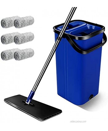 Flat Mop and Bucket Set Floor Cleaning Mop Bucket with 6 Reusable Microfiber Mop Pads 55'' Stainless Steel Handle and 2.1 Gallon Capacity Splash Cleaning System Bucket Wet Dry Mop for Commercial