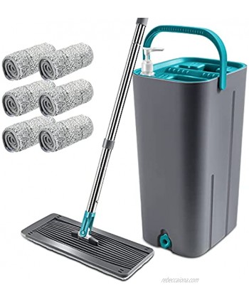 Flat Mop and Bucket Set with 6 Reusable Microfiber Mop Pads 360° Flexible Mop Head with Stainless Steel Handle and Hands-Free Self-Cleaning Bucket for Ceramic Laminate Tiles Wood Floor Cleaning