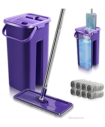 Flat Mop Bucket Set 50.4" Long Handle Floor Cleaning Mop with 8 Microfiber Mop Pads 2-in-1 Squeeze Mop for Home and Kitchen Floor Cleaning
