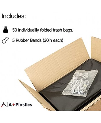 95 Gallon Trash Bags Heavy Duty Pack 50 pcs | 1.5 MIL |+ 5 Giant Rubber Bands for Garbage Cans 61”X68” Black Trash Bags Made of Recycled Materials for Home Office Yard or Storage.