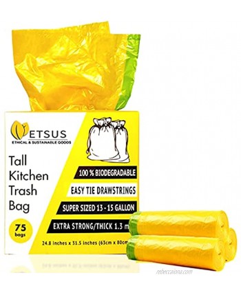 ETSUS Large Biodegradable Trash Bags 75 Pieces Tall Heavy Duty Rubbish Wastebasket Liner Bags Garbage Bags for Kitchen Bathroom Car Office 13 to 15 Gallon