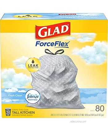 Glad ForceFlex Tall Kitchen Drawstring Trash Bags – 13 Gallon Trash Bag Fresh Clean scent with Febreze Freshness – 80 Count Package May Vary