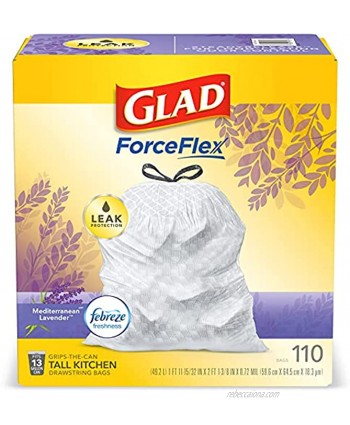 Glad ForceFlex Tall Kitchen Drawstring Trash Bags 13 Gallon White Trash Bag Mediterranean Lavender scent with Febreze Freshness 110 Count Package May Vary