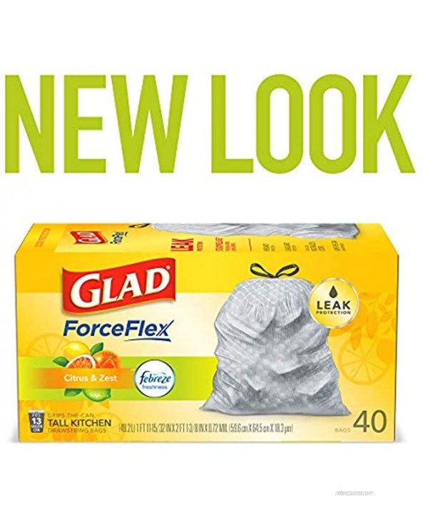 Glad ForceFlex Tall Kitchen Drawstring Trash Bags Citrus & Zest 13 Gal 40 Ct Package May vary