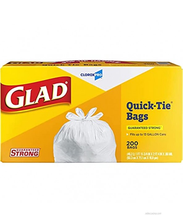 Glad Quick-Tie Tall Kitchen CloroxPro Trash Bags 13 Gallon 200 Count 15931 Packaging May Vary