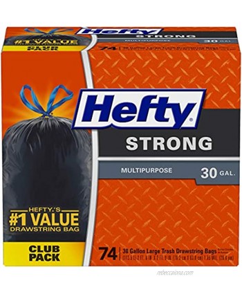 Hefty Strong Multipurpose Large Drawstring Trash Bags 30 Gallon 74 count. Resists punctures and leaks. Tough and Durable for inside and outside