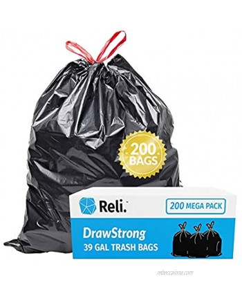 Reli. 39 Gallon Trash Bags Drawstring 200 Count Bulk Large 39 Gallon Heavy Duty Drawstring Trash Bags Black Garbage Bags 39 Gallon Capacity Lawn Leaf 39 Gal