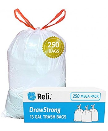 Reli. Tall Kitchen Drawstring Trash Bags 13 Gallon | 250 Count Bulk | Kitchen Garbage Bags | White | 13 Gallon 16 Gallon Capacity