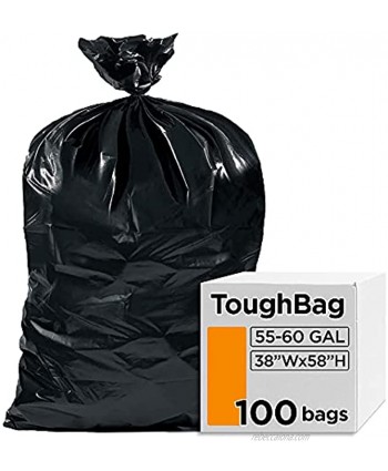 ToughBag 55 Gallon Trash Bags Large 55-60 Gallon Industrial Trash Bags Black Garbage Bags 38 x 58" 100 COUNT Outdoor Trash Can Liners for Commercial Janitor Lawn and Leaf Made in USA